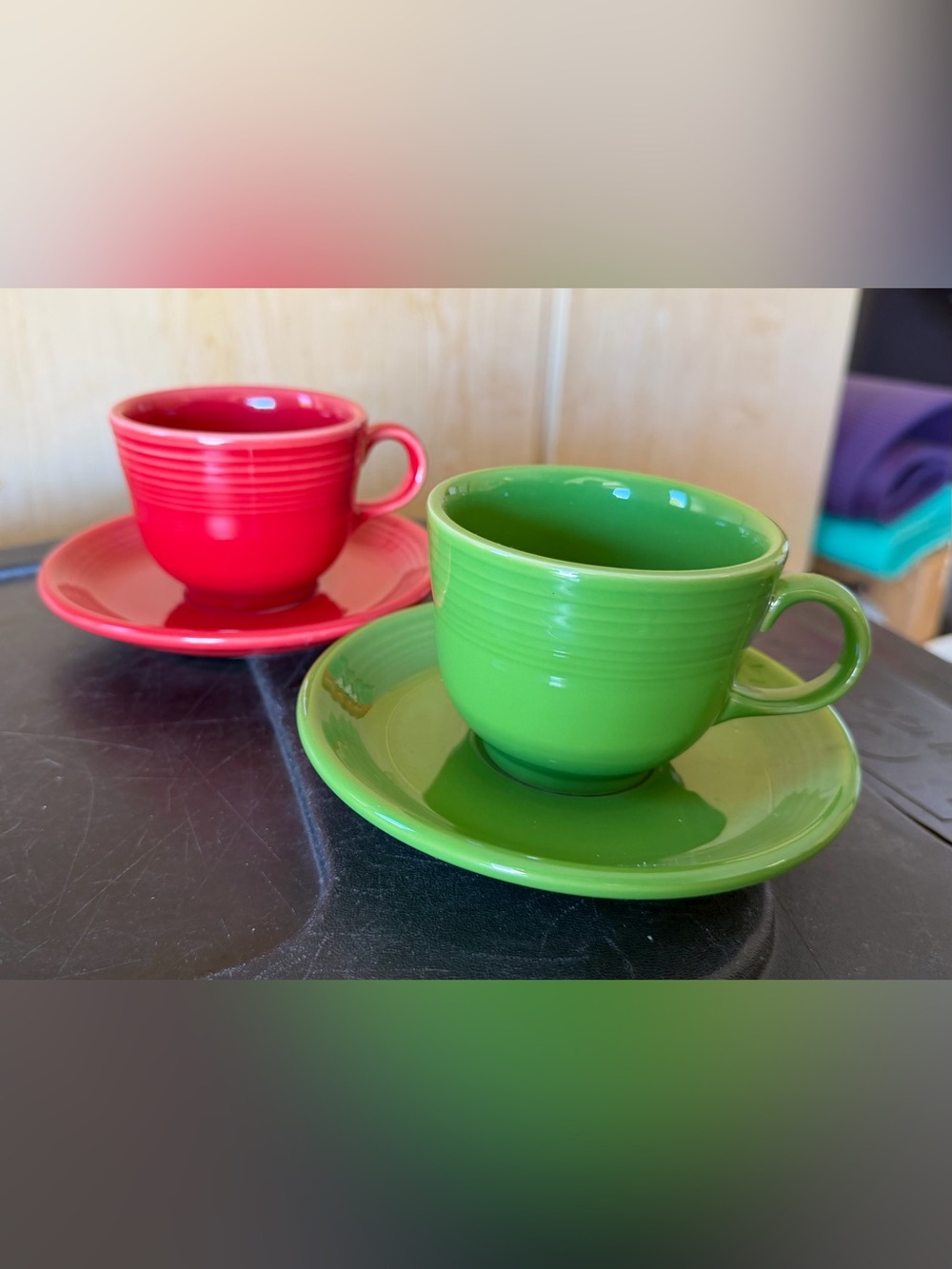 Green  and red Fiesta Teacup and Saucer Set - Bright Green and red.